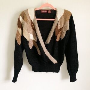 Vintage 80s 90s Black Tan Leaf Sequin Embroidered Crossover Sweater Medium